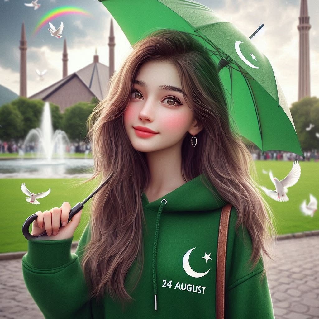 A girl holding umbrella on 14 august Pakistan independence day