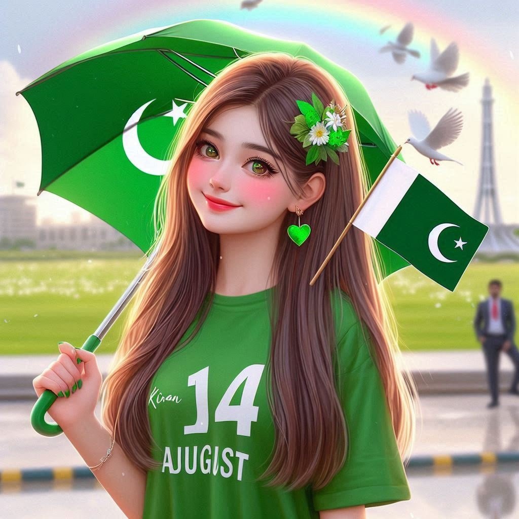 A girl holding umbrella on 14 august Pakistan independence day