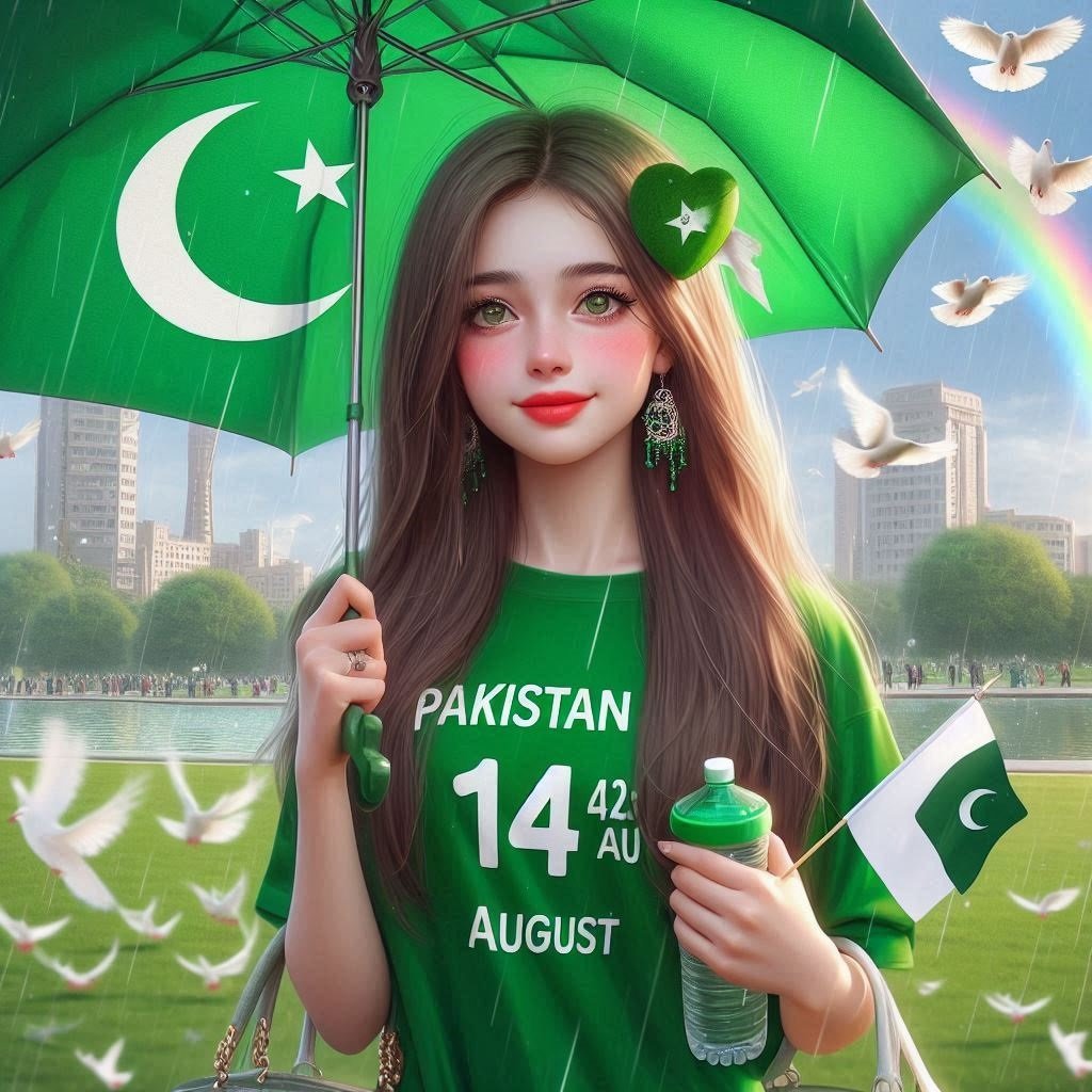 A girl holding umbrella on 14 august Pakistan independence day