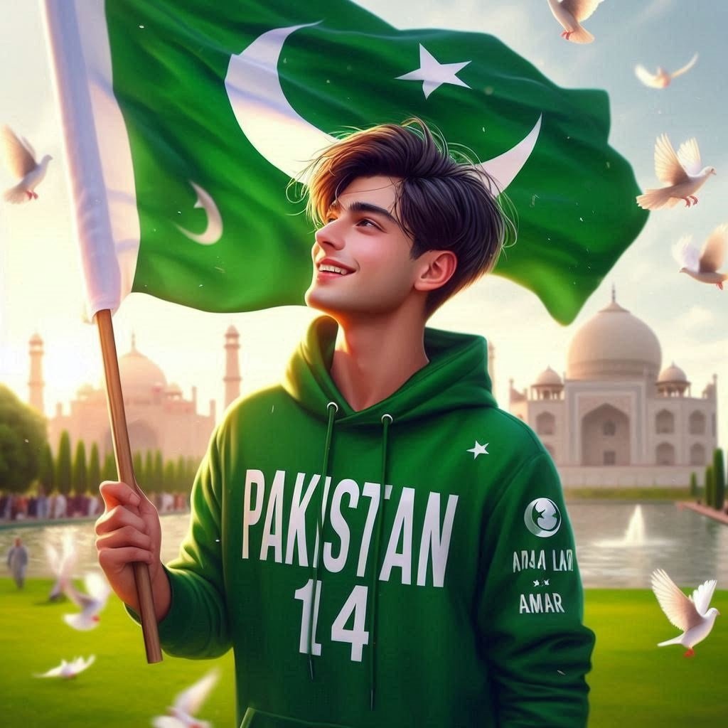 14 August Pakistan independence day Ai 3d image prompts, a young boy holing pakistan flag on 14 august.
