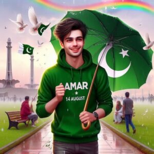 14 August Pakistan independence day Ai 3d image prompts, a young boy holing pakistan flag on 14 august.