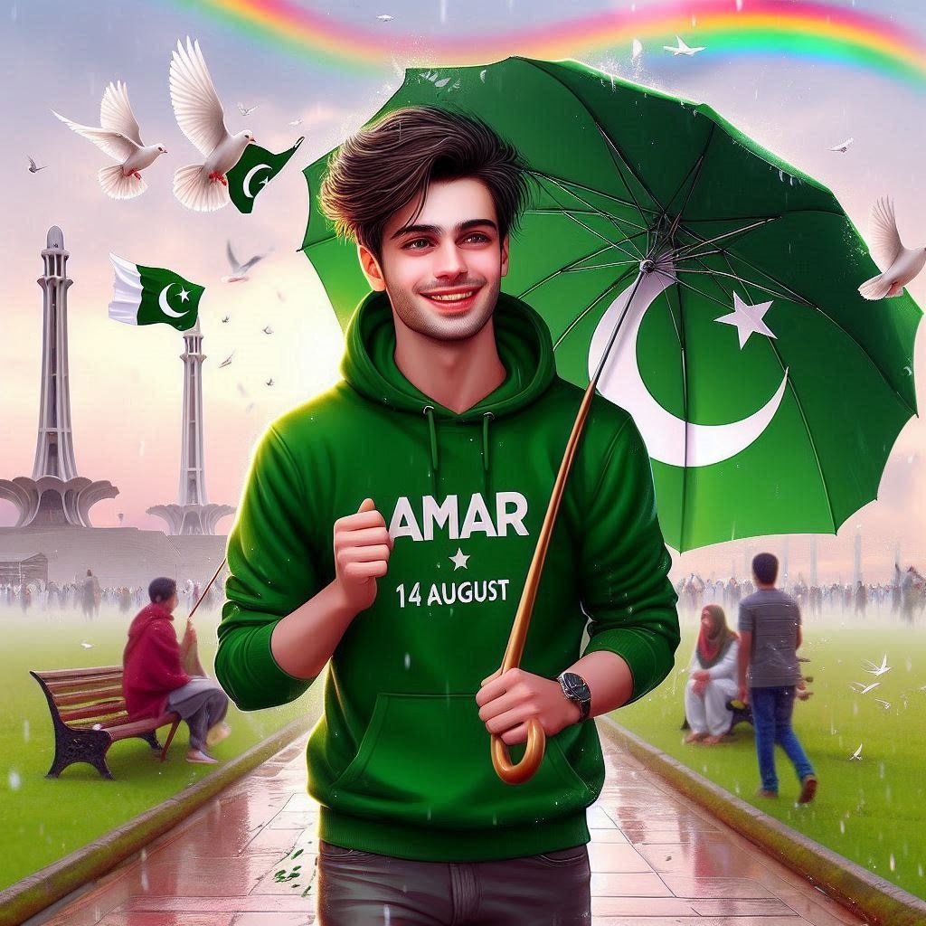 14 August Pakistan independence day Ai 3d image prompts, a young boy holing pakistan flag on 14 august.