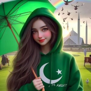 A girl holding umbrella on 14 august Pakistan independence day
