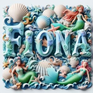 The name "Fiona" in 3D letters with a seashell and ocean wave texture, surrounded by mermaids and sea creatures. 