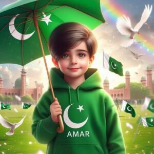 A cute boy holding umbrella on 14 august Pakistan independence day