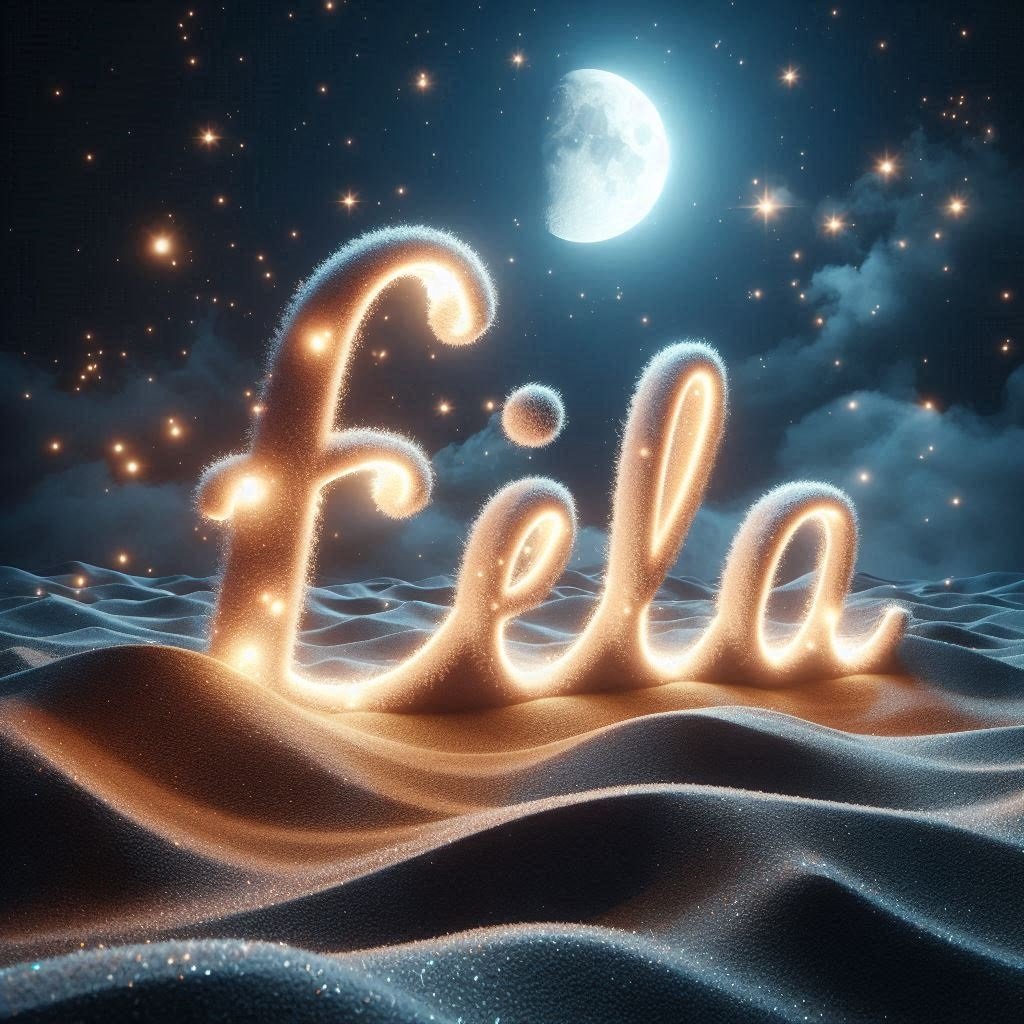 The name "Ella" in 3D letters made of stardust and moonlight, set against a night sky filled with twinkling stars.