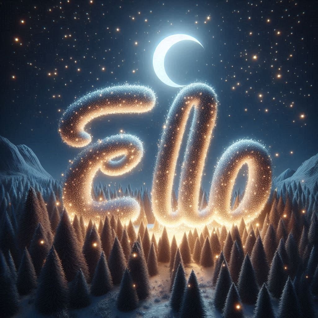 The name "Ella" in 3D letters made of stardust and moonlight, set against a night sky filled with twinkling stars.