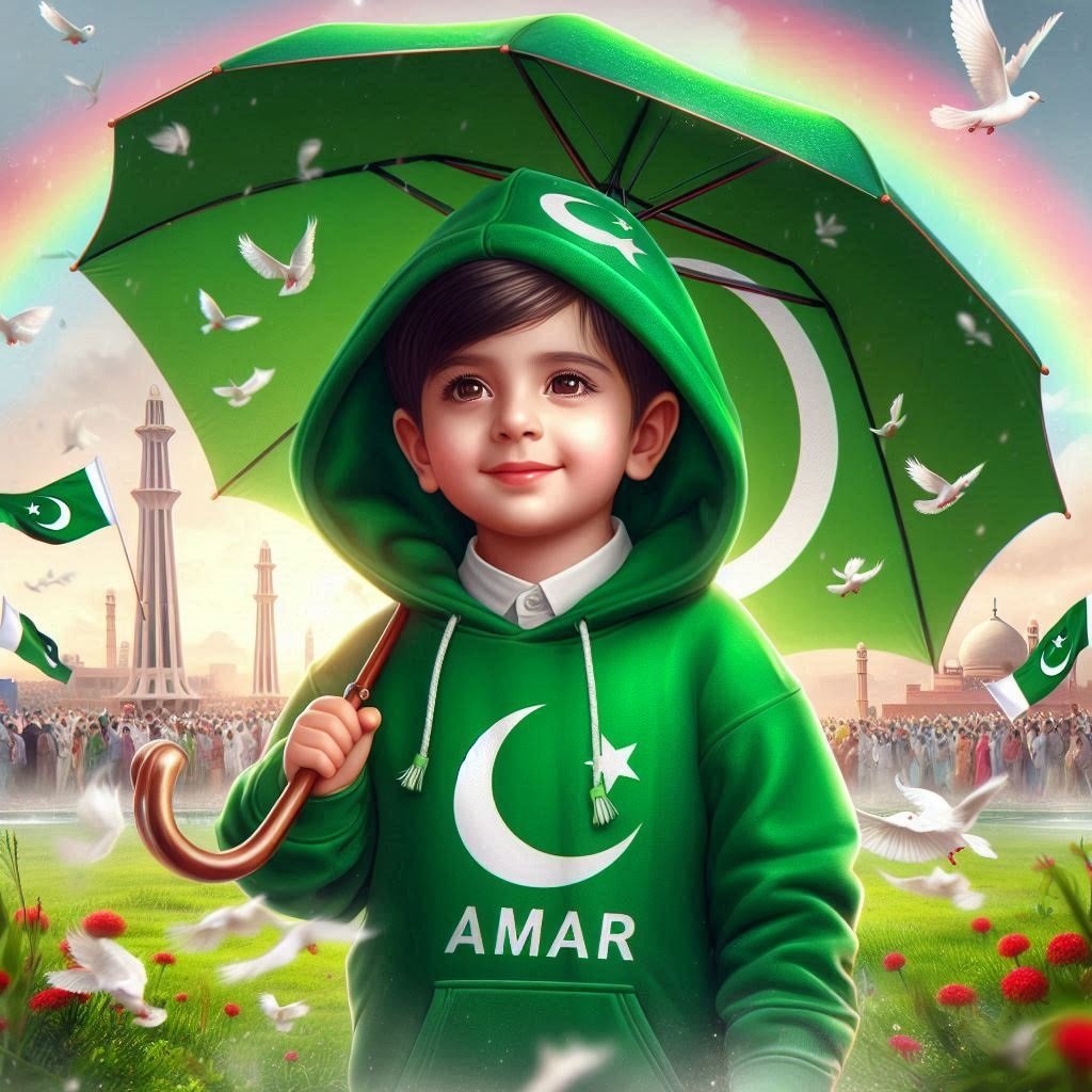 A cute boy holding umbrella on 14 august Pakistan independence day