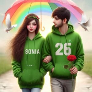 Realistic pakistani 25-year-old cute boy Green Hoodie with a 20-year beautiful girl in a Green Hoodie, the girl has a red rose flower in her hand, and the Other girl holding a multi-colorful umbrella in his hand, written in "Sonia" in the boy's hoodie, and "Rana" in girl hoodie, in outdoor Park with white Background Doves Flying, Beautiful lonely picture, pretty girl, So happy picture, profile pic, Rainbow Behind, 3d illustration, hyperrealistic.