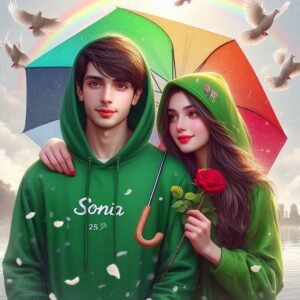 Realistic pakistani 25-year-old cute boy Green Hoodie with a 20-year beautiful girl in a Green Hoodie, the girl has a red rose flower in her hand, and the Other girl holding a multi-colorful umbrella in his hand, written in "Sonia" in the boy's hoodie, and "Rana" in girl hoodie, in outdoor Park with white Background Doves Flying, Beautiful lonely picture, pretty girl, So happy picture, profile pic, Rainbow Behind, 3d illustration, hyperrealistic.
