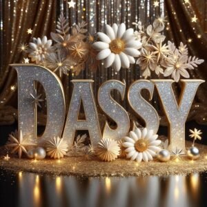 The name "Daisy" in 3D glittery letters, surrounded by sparkling stars and a glamorous backdrop.