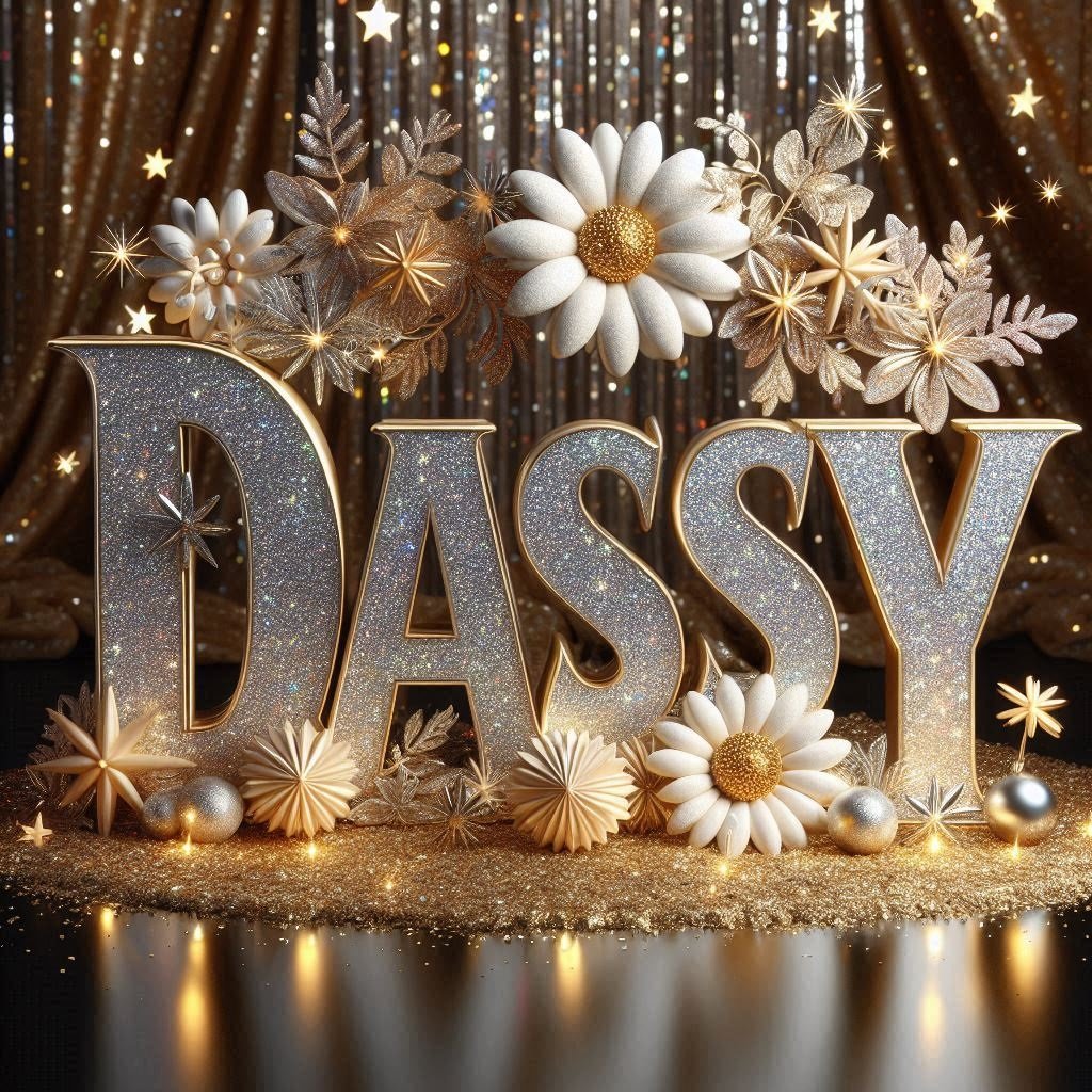 The name "Daisy" in 3D glittery letters, surrounded by sparkling stars and a glamorous backdrop.