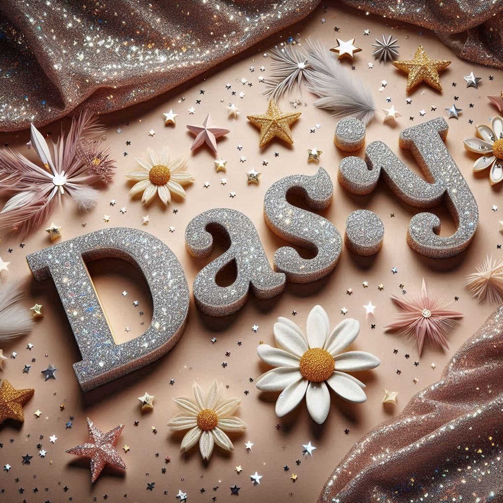 The name "Daisy" in 3D glittery letters, surrounded by sparkling stars and a glamorous backdrop.