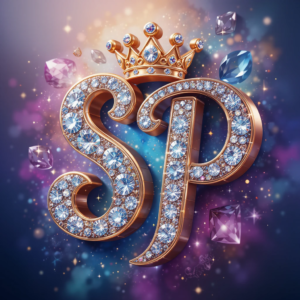 Create 3D name art for boy name "SP" with diamonds, gems, roses, and beautiful name art with vibrant color and background. use the best color for males. digital art. a crown on top of letters. 