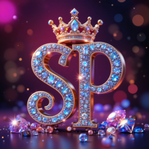 Create 3D name art for boy name "SP" with diamonds, gems, roses, and beautiful name art with vibrant color and background. use the best color for males. digital art. a crown on top of letters. 