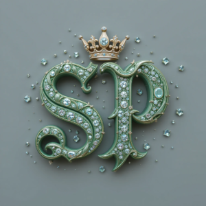 create 3d name letter with diamonds "SP" calligraphy script old English stylish font with a crown on top of letters, text color fresh vibrant green, on a grey background, and gems.