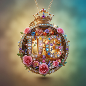 "UG" namer leatter 3d name art, golden locket with diamond letters in girl hand holding.