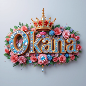 Create 3D name art for boy name "Okana" with diamonds, gems, roses, and beautiful name art with vibrant color and background. use the best color for males. digital art. a crown on top of letters. 