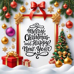 Best "Merry Christmas images" and Happy New Year card wish picture HD free merry xmas images with golden frames and border with red ribbon and beautiful gift box and tree haniging lights and balls 3D elements