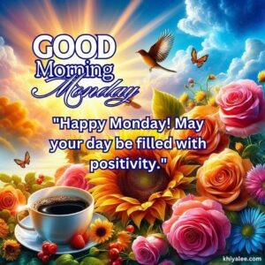 good morning monday blessings images with birds sunflowers and roses and coffee cup with sun and sunlight