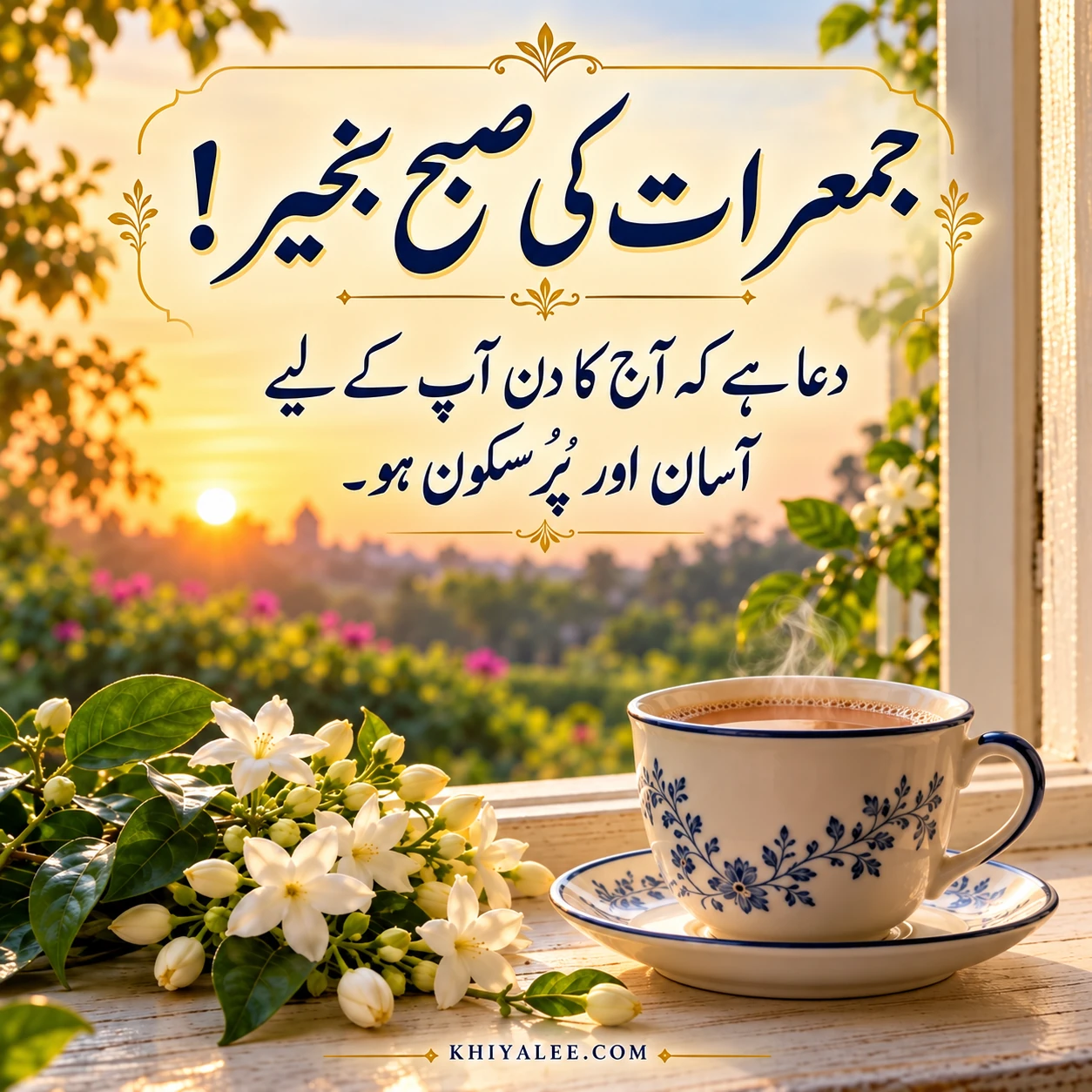 Good Morning Happy Thursday: Urdu and English Wishes 5 Good Morning Happy Thursday in Urdu with jasmine flowers, tea and sunrise