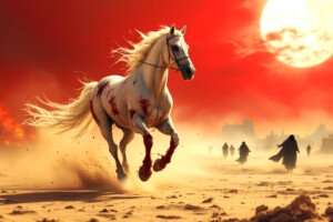 a white hourse zuljana runing in hot desert while some black hijab women crying under the hot sun full desert view.