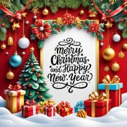 Best Merry Christmas and Happy New Year card wish picture HD free merry xmas images with golden frames and border with red ribbon and beautiful gift box and tree haniging lights and balls 3D elements