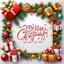 Best Merry Christmas and Happy New Year card wish picture HD free merry xmas images with golden frames and border with red ribbon and beautiful gift box and tree haniging lights and balls 3D elements