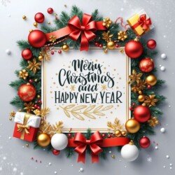 Best Merry Christmas and Happy New Year card wish picture HD free merry xmas images with golden frames and border with red ribbon and beautiful gift box and tree haniging lights and balls 3D elements