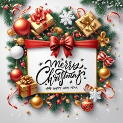 Best Merry Christmas and Happy New Year card wish picture HD free merry xmas images with golden frames and border with red ribbon and beautiful gift box and tree haniging lights and balls 3D elements