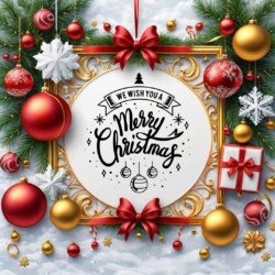 Best Merry Christmas and Happy New Year card wish picture HD free merry xmas images with golden frames and border with red ribbon and beautiful gift box and tree haniging lights and balls 3D elements