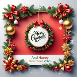 Best Merry Christmas and Happy New Year card wish picture HD free merry xmas images with golden frames and border with red ribbon and beautiful gift box and tree haniging lights and balls 3D elements
