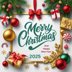 Best Merry Christmas and Happy New Year card wish picture HD free merry xmas images with golden frames and border with red ribbon and beautiful gift box and tree haniging lights and balls 3D elements