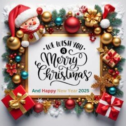Best Merry Christmas and Happy New Year card wish picture HD free merry xmas images with golden frames and border with red ribbon and beautiful gift box and tree haniging lights and balls 3D elements