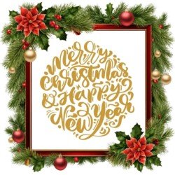 Best Merry Christmas and Happy New Year card wish picture HD free merry xmas images with golden frames and border with red ribbon and beautiful gift box and tree haniging lights and balls 3D elements