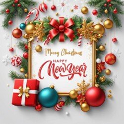 Best Merry Christmas and Happy New Year card wish picture HD free merry xmas images with golden frames and border with red ribbon and beautiful gift box and tree haniging lights and balls 3D elements