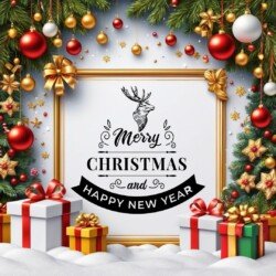 Best Merry Christmas and Happy New Year card wish picture HD free merry xmas images with golden frames and border with red ribbon and beautiful gift box and tree haniging lights and balls 3D elements