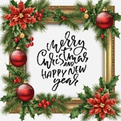 Best Merry Christmas and Happy New Year card wish picture HD free merry xmas images with golden frames and border with red ribbon and beautiful gift box and tree haniging lights and balls 3D elements