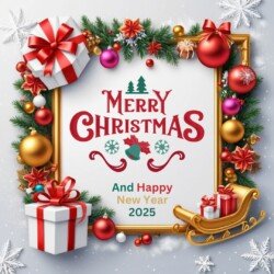 Best Merry Christmas and Happy New Year card wish picture HD free merry xmas images with golden frames and border with red ribbon and beautiful gift box and tree haniging lights and balls 3D elements