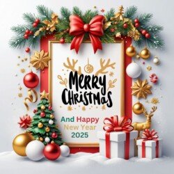 Best Merry Christmas and Happy New Year card wish picture HD free merry xmas images with golden frames and border with red ribbon and beautiful gift box and tree haniging lights and balls 3D elements