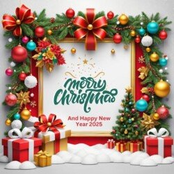 Best Merry Christmas and Happy New Year card wish picture HD free merry xmas images with golden frames and border with red ribbon and beautiful gift box and tree haniging lights and balls 3D elements
