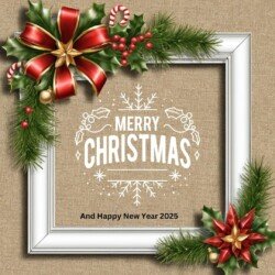 Best Merry Christmas and Happy New Year card wish picture HD free merry xmas images with golden frames and border with red ribbon and beautiful gift box and tree haniging lights and balls 3D elements