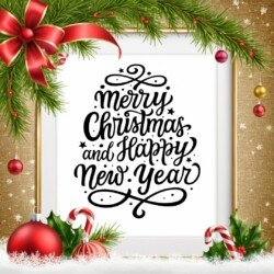 Best Merry Christmas and Happy New Year card wish picture HD free merry xmas images with golden frames and border with red ribbon and beautiful gift box and tree haniging lights and balls 3D elements