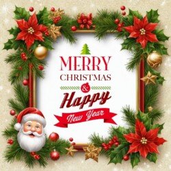 Best Merry Christmas and Happy New Year card wish picture HD free merry xmas images with golden frames and border with red ribbon and beautiful gift box and tree haniging lights and balls 3D elements