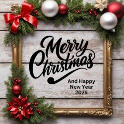 Best Merry Christmas and Happy New Year card wish picture HD free merry xmas images with golden frames and border with red ribbon and beautiful gift box and tree haniging lights and balls 3D elements
