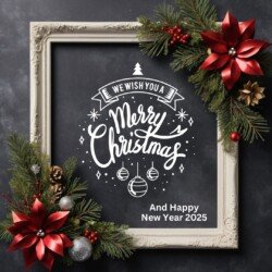 Best Merry Christmas and Happy New Year card wish picture HD free merry xmas images with golden frames and border with red ribbon and beautiful gift box and tree haniging lights and balls 3D elements