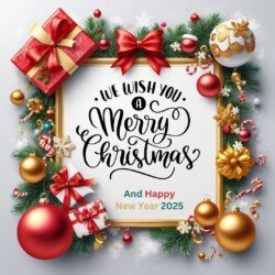 Best Merry Christmas and Happy New Year card wish picture HD free merry xmas images with golden frames and border with red ribbon and beautiful gift box and tree haniging lights and balls 3D elements