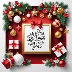 Best Merry Christmas and Happy New Year card wish picture HD free merry xmas images with golden frames and border with red ribbon and beautiful gift box and tree haniging lights and balls 3D elements