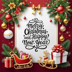 Best Merry Christmas and Happy New Year card wish picture HD free merry xmas images with golden frames and border with red ribbon and beautiful gift box and tree haniging lights and balls 3D elements