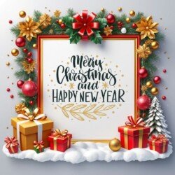 Best Merry Christmas and Happy New Year card wish picture HD free merry xmas images with golden frames and border with red ribbon and beautiful gift box and tree haniging lights and balls 3D elements